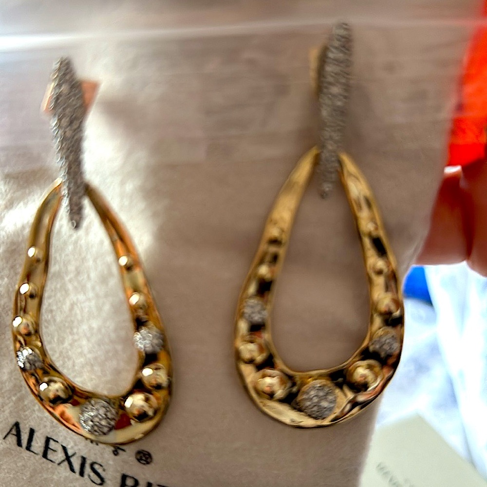 Alexis Bittar Gold and Silver Teardrop Dangle Earrings with Pavé Accents